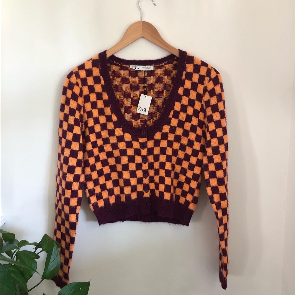 Zara orange and purple checkered sweater
